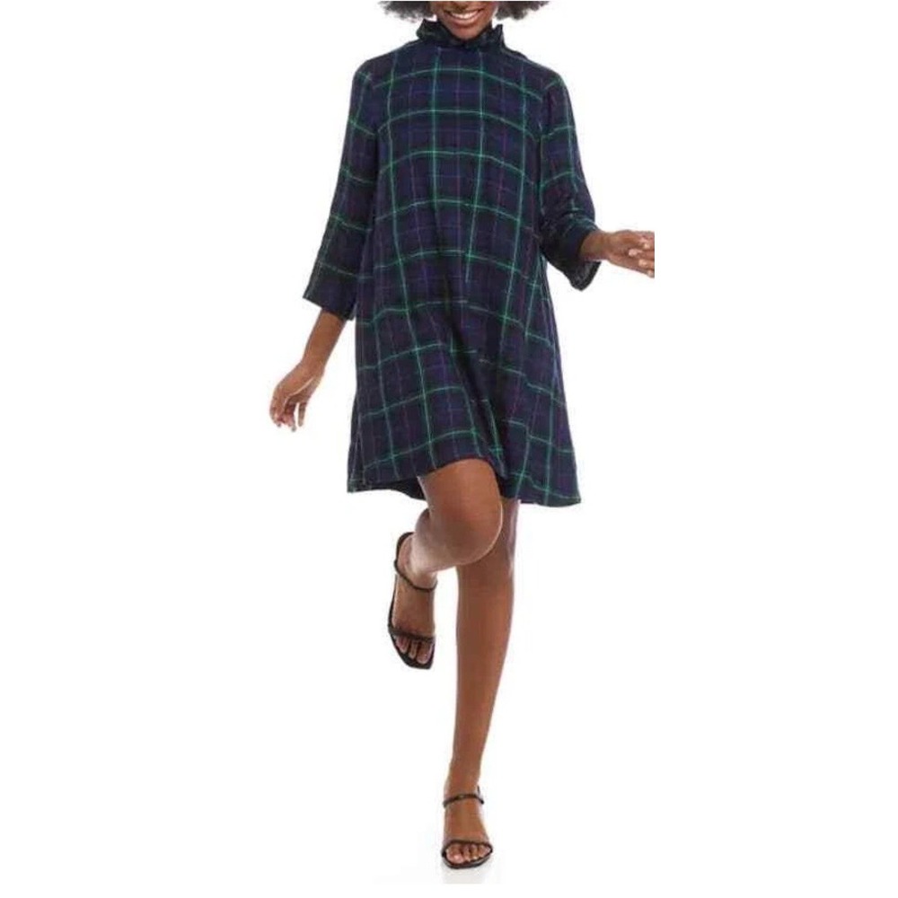 Crown & Ivy XL Navy Green Plaid Bow Back Neck Dress Ruffle Preppy Casual NWT